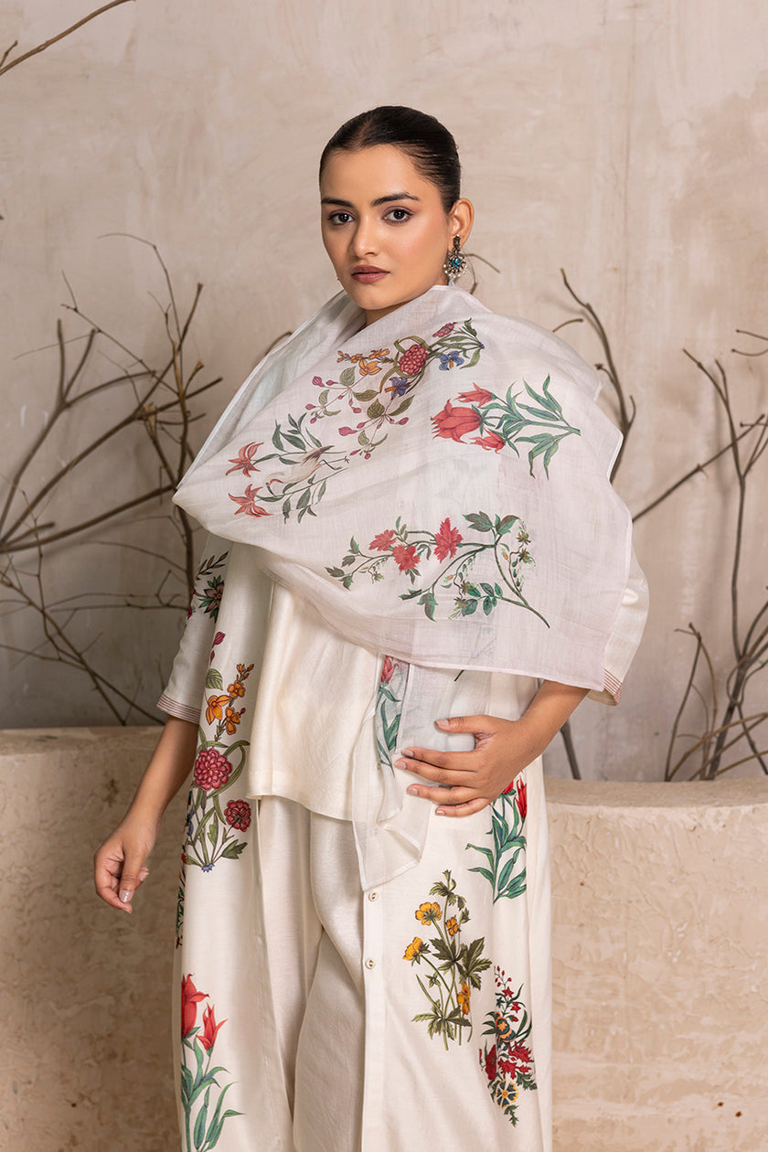 Ivory Thin Chanderi Floral Printed Stole (1 PC)