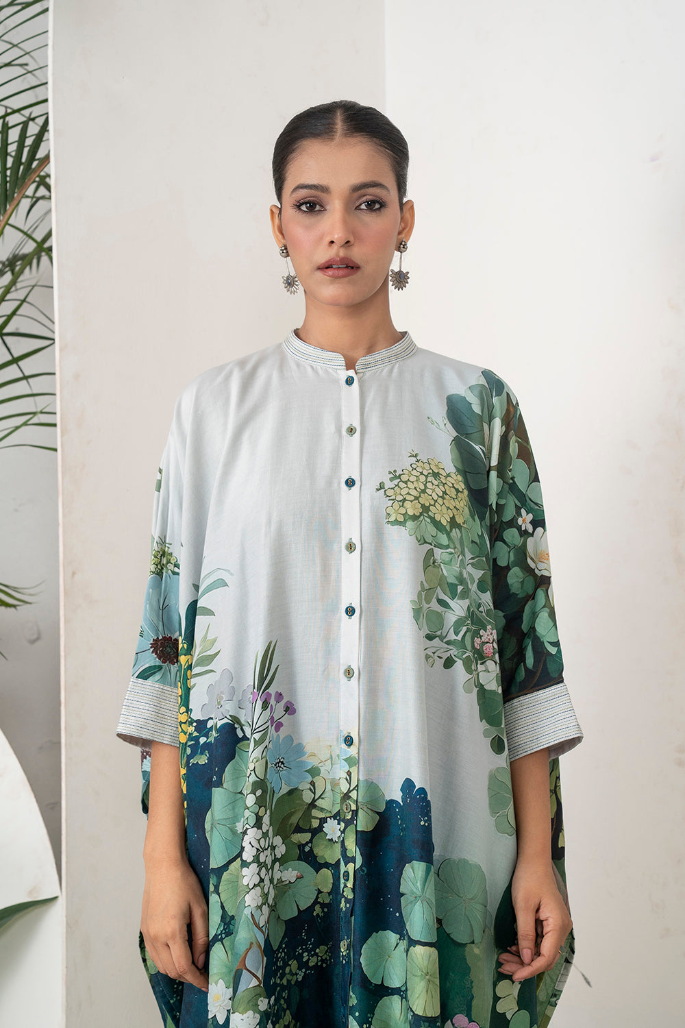 Ivory Silk Chanderi Vivid Garden Illustration Printed Kaftan (1 PC)