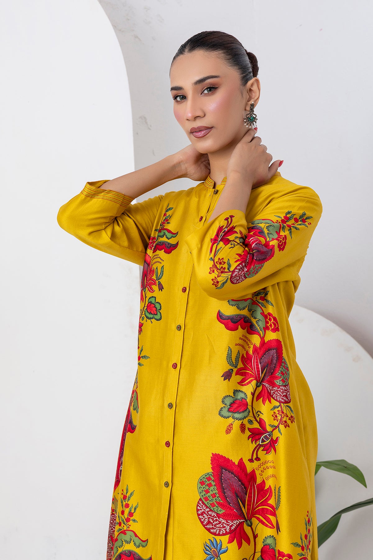 Yellow Silk Chanderi Printed Front Open Floral High-Low Dress (1 PC)