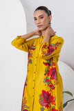 Yellow Silk Chanderi Printed Front Open Floral High-Low Dress (1 PC)