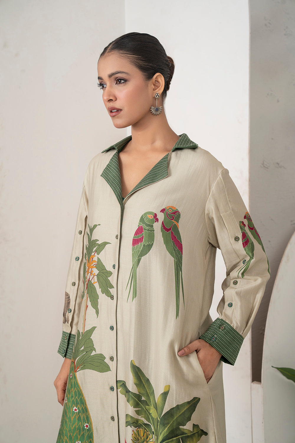 Beige Silk Chanderi Nature-Inspired Printed Dress (1 PC)