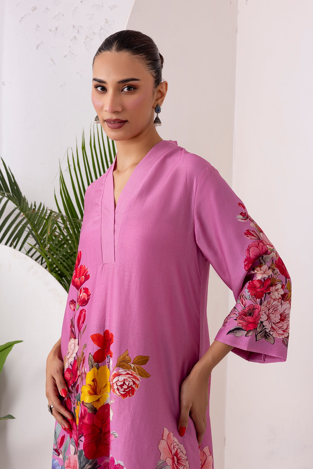 Salmon Pink Silk Chanderi Printed Tunic (1 PC)