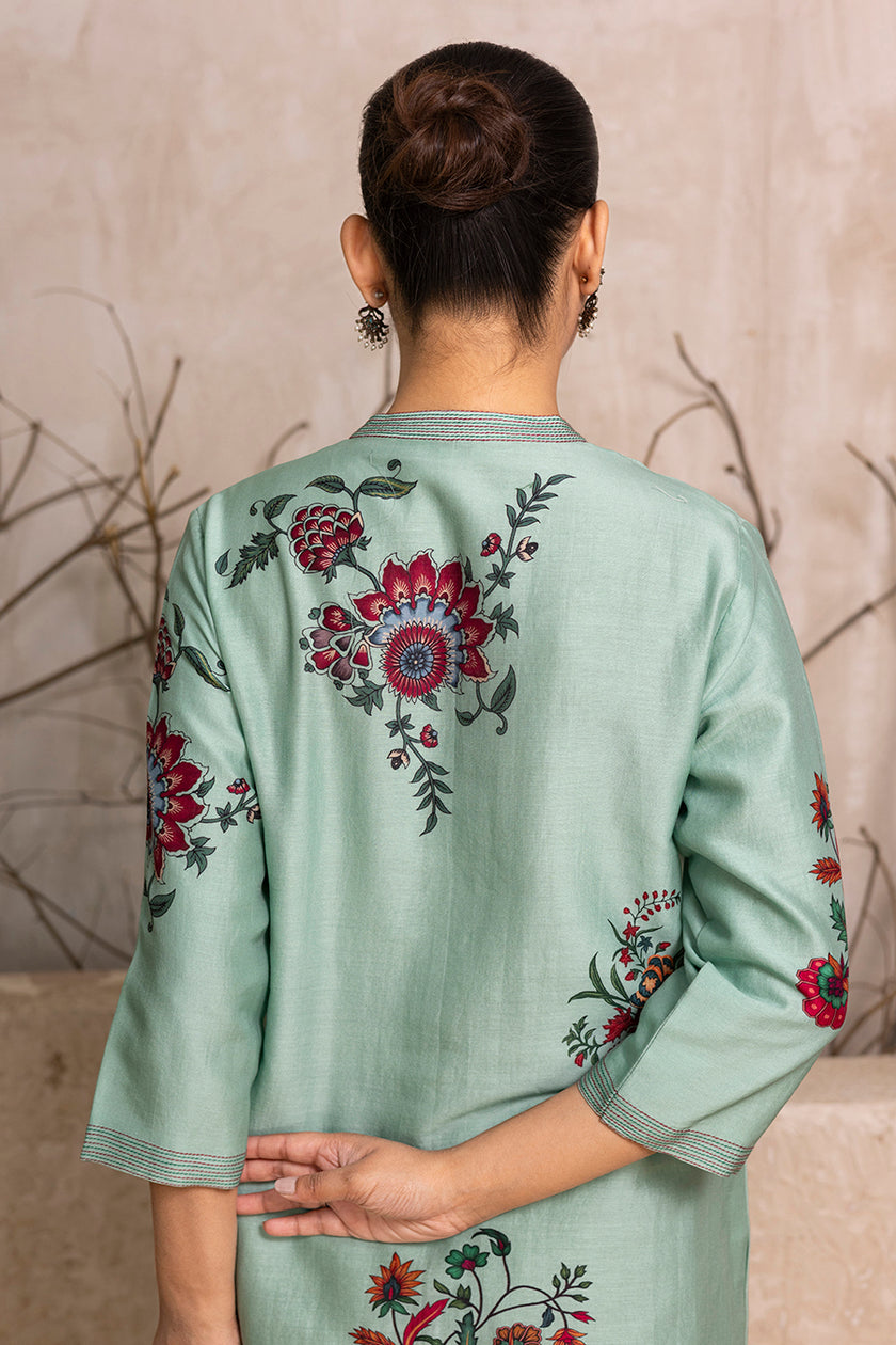 Mint Silk Chanderi Floral Boota Printed Tunic (1 PC)