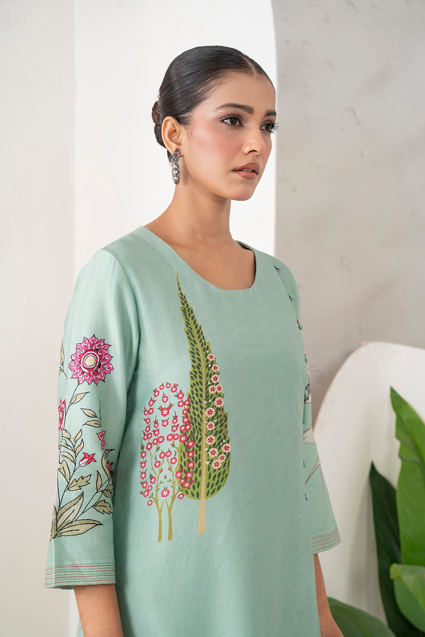 Mint Silk Chanderi Miniature Painting Inspired Printed Dress (1 PC)