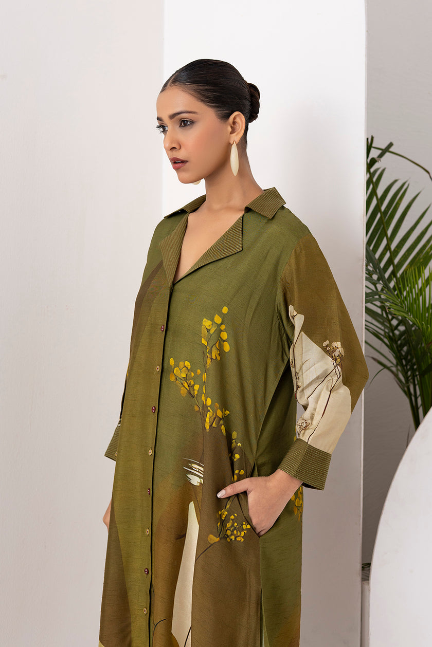 Moss Green Shaded Viscose Dupion Printed Dress (1 PC)
