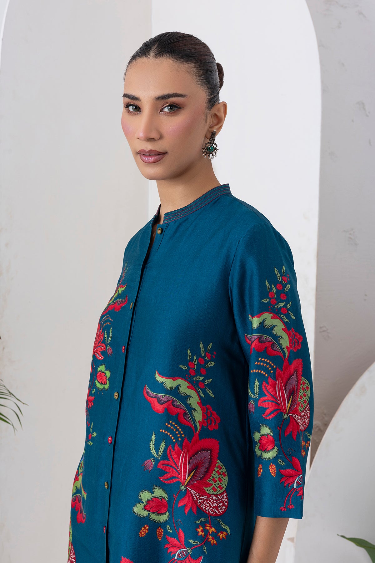 Indigo Silk Chanderi Printed Front Open Floral High-Low Dress (1 PC)