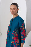 Indigo Silk Chanderi Printed Front Open Floral High-Low Dress (1 PC)