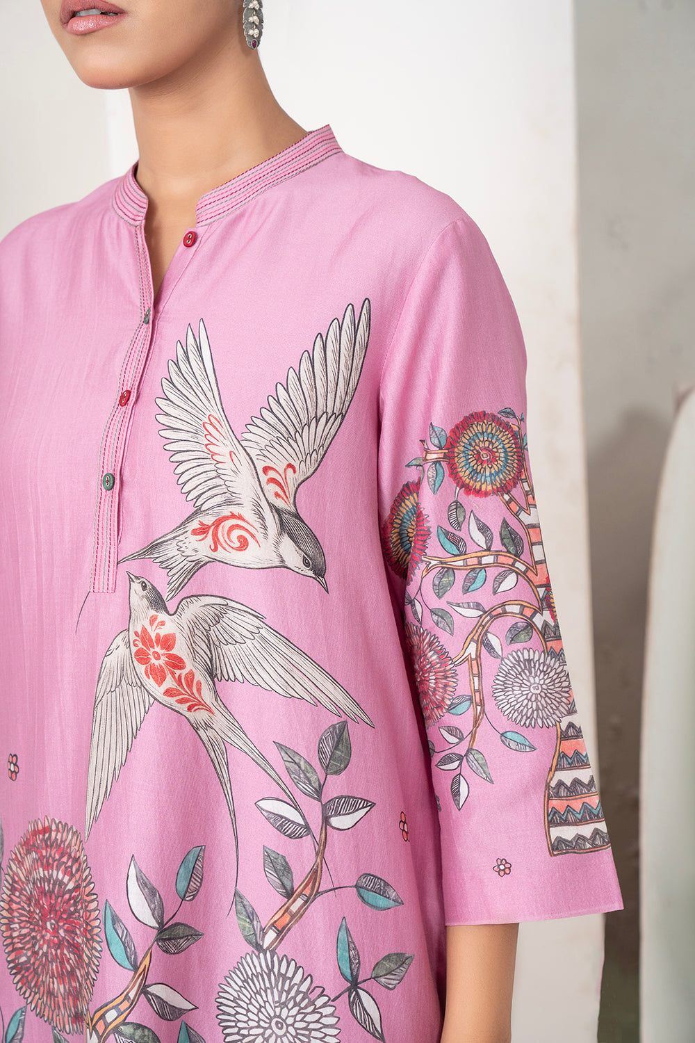 Salmon Pink Silk Chanderi Printed Intricate Bird And Floral Printed Tunic (1 PC)