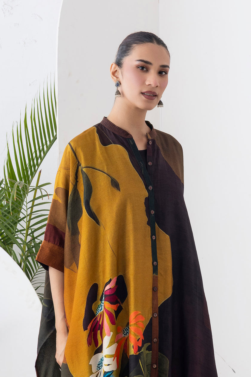 Mustard & Brown Viscose Dupion Printed Kaftan Style Dress (1 PC)
