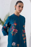 Indigo Silk Chanderi Floral Printed Front-Zip Dress (1 PC)