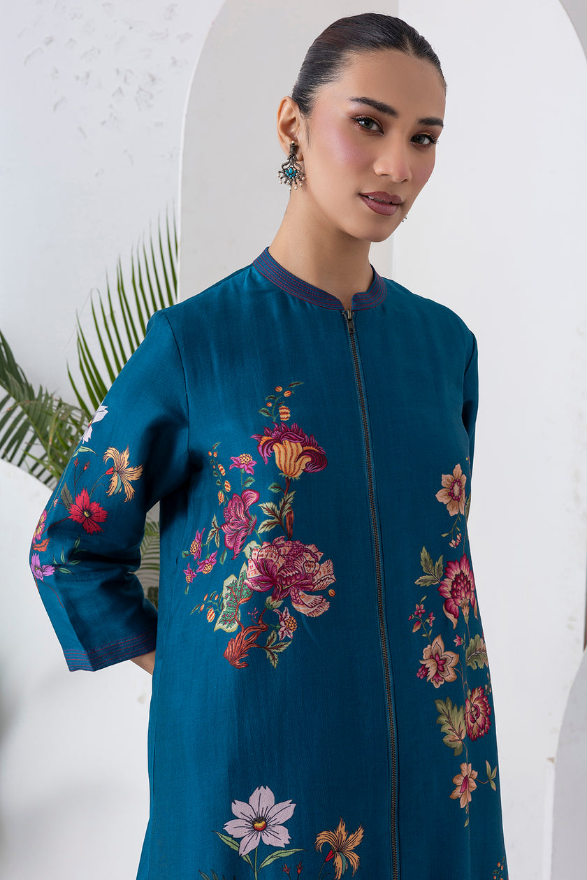 Indigo Silk Chanderi Floral Printed Front-Zip Dress (1 PC)