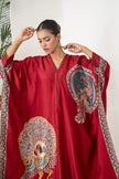 Maroon Silk Chanderi Bold Peacock Printed Zippered Kaftan (1 PC)