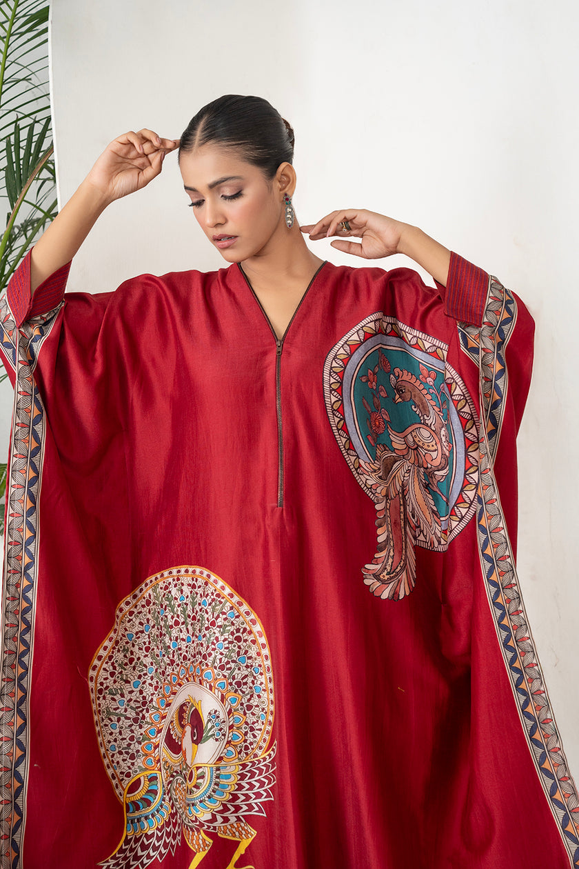 Maroon Silk Chanderi Bold Peacock Printed Zippered Kaftan (1 PC)