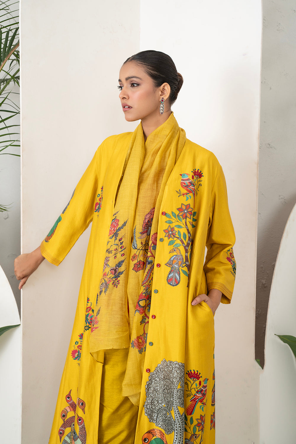 Yellow Silk Chanderi Front Open Striking Bird And Floral Printed Dress (1 PC)