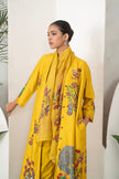 Yellow Silk Chanderi Front Open Striking Bird And Floral Printed Dress (1 PC)