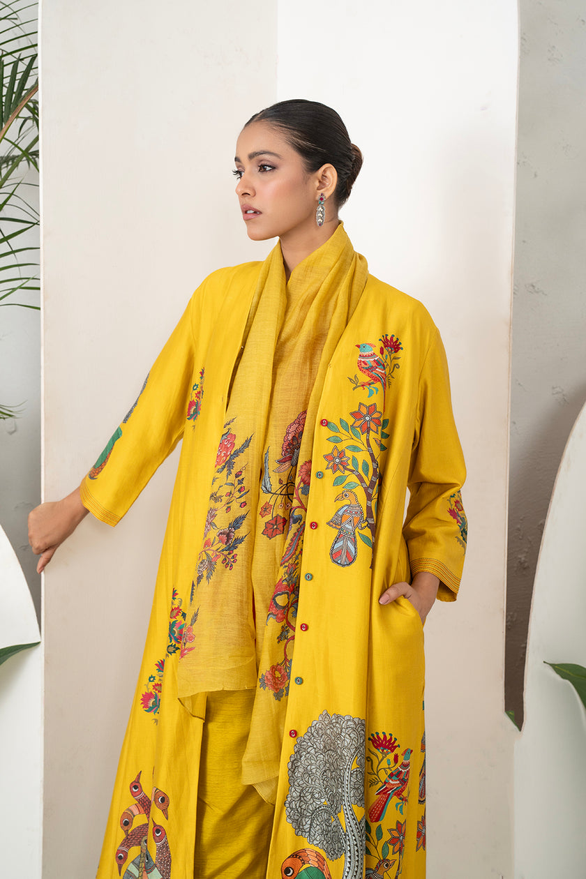 Yellow Silk Chanderi Front Open Striking Bird And Floral Printed Dress (1 PC)
