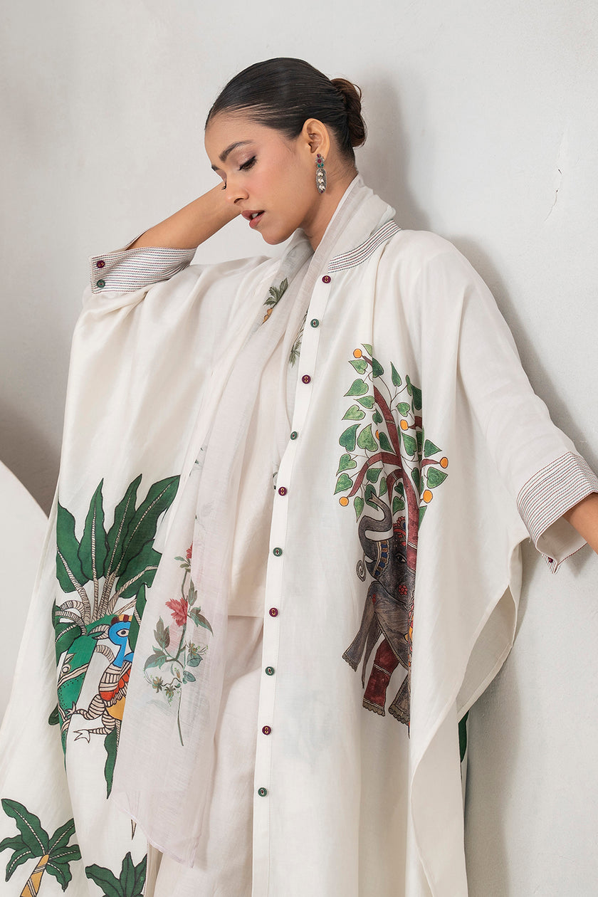 Ivory Silk Chanderi Elephant And Tropical Foliage Printed Kaftan (1 PC)