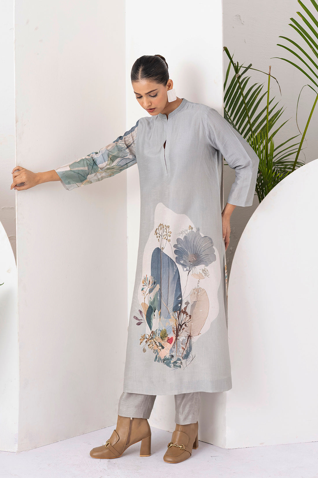 Grey Viscose Dupion Printed Tunic (1 PC)