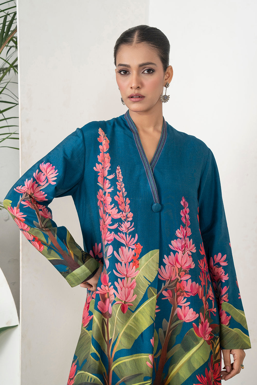 Indigo Silk Chanderi Front-Pleated Tropical Floral Illustration Printed Dress (1 PC)