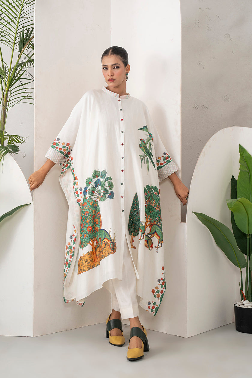 Ivory Silk Chanderi Folk Tale Printed Kaftan (1 PC)