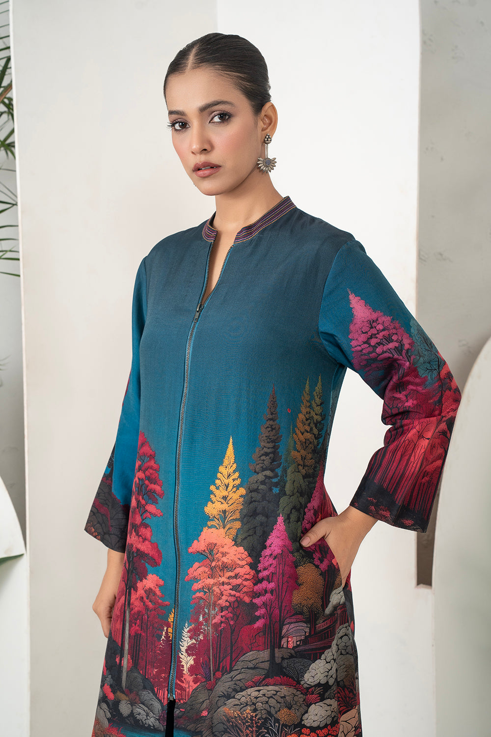 Deep Teal Fades Into Twilight Blue Silk Chanderi Forest Scene Printed Dress (1 PC)