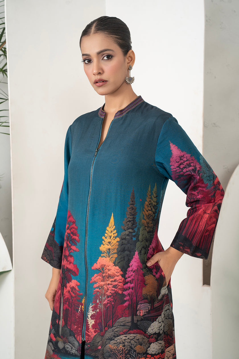 Deep Teal Fades Into Twilight Blue Silk Chanderi Forest Scene Printed Dress (1 PC)
