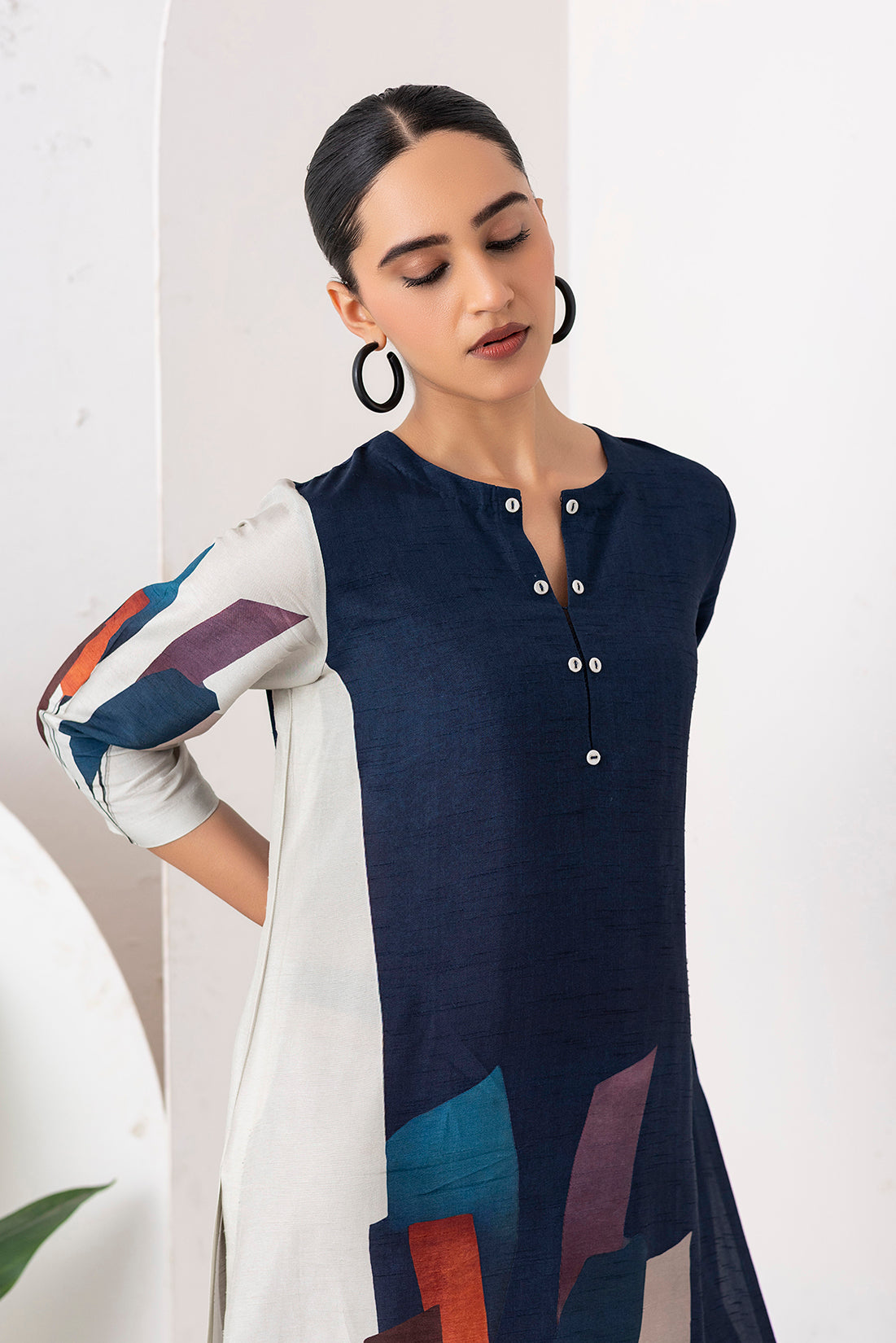 Blue & Ivory Viscose Dupion Printed Tunic (1 PC)