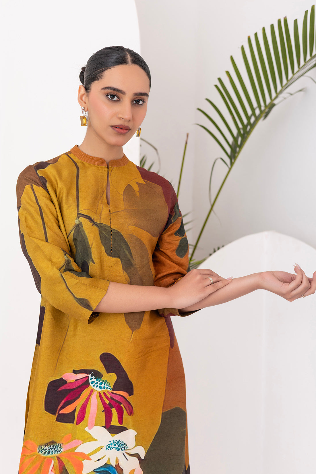 Mustard & Brown Viscose Dupion Printed Tunic (1 PC)