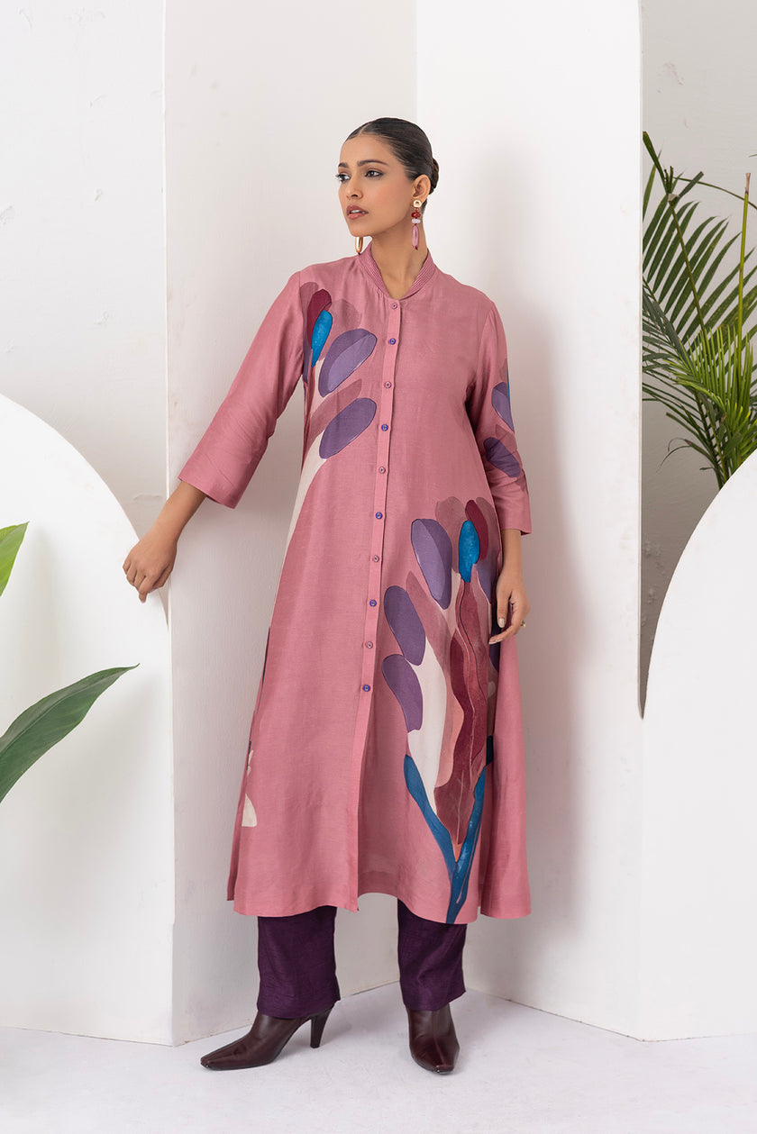 Salmon Pink Viscose Dupion Printed Dress (1 PC)