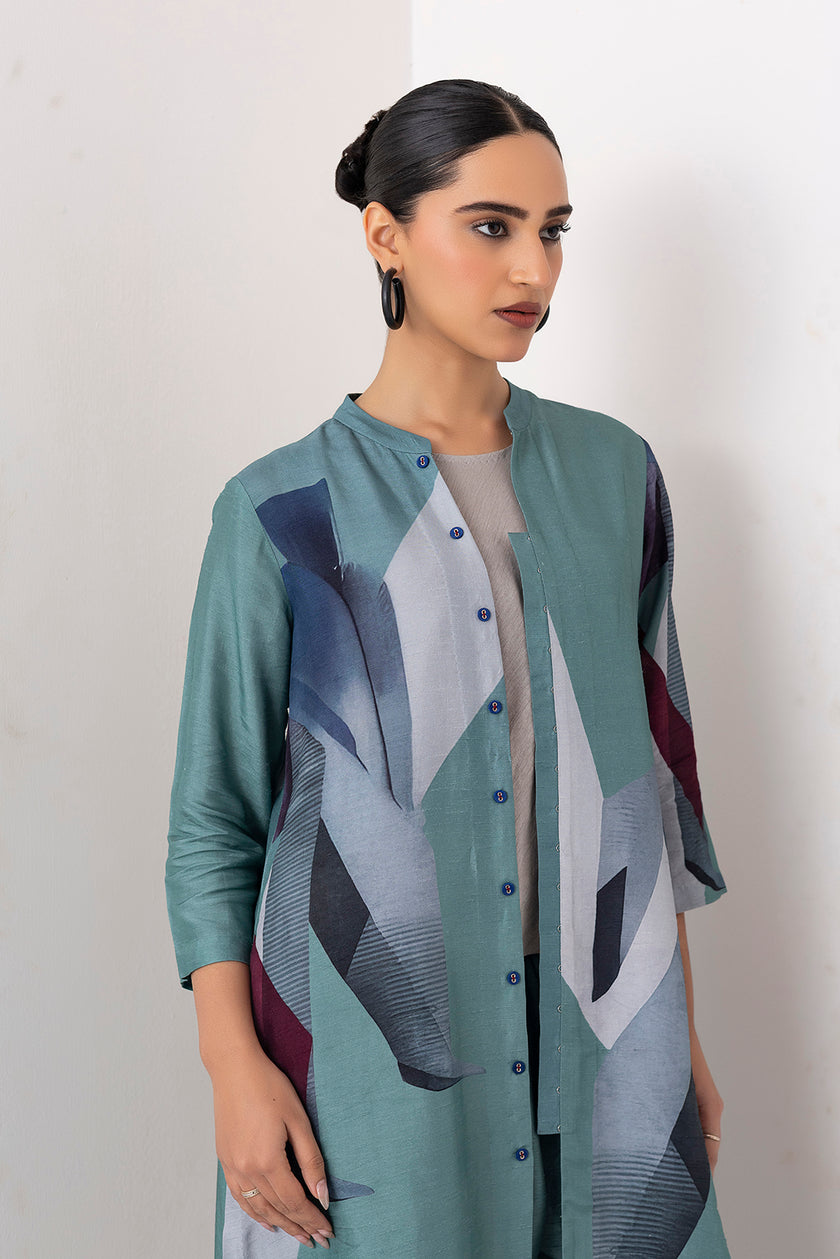 Sage Green Viscose Dupion Printed Dress (1 PC)