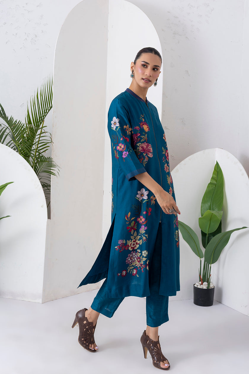 Indigo Silk Chanderi Floral Printed Front-Zip Dress (1 PC)
