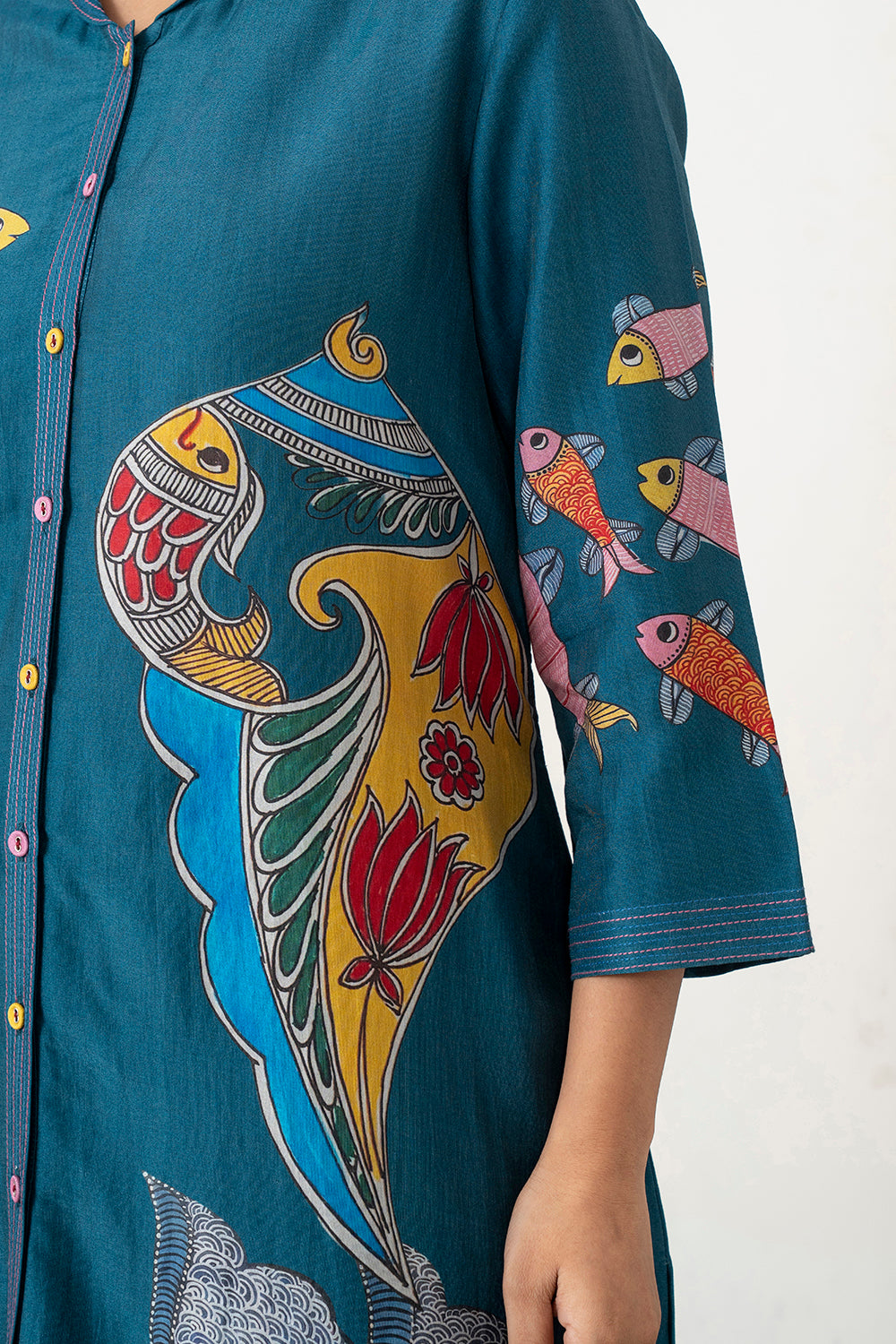 Indigo Silk Chanderi Playful Aquatic Motif Printed Dress (1 PC)