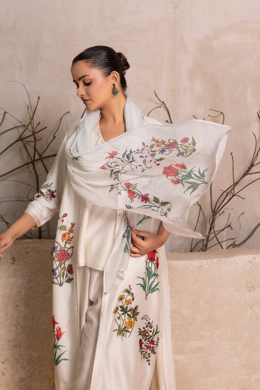 Ivory Thin Chanderi Floral Printed Stole (1 PC)