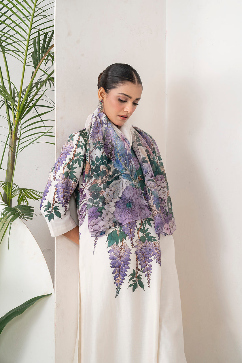 Ivory Thin Chanderi Wisteria Printed Stole (1 PC)