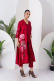 Maroon Silk Chanderi Printed Front Open Dress (1 PC)