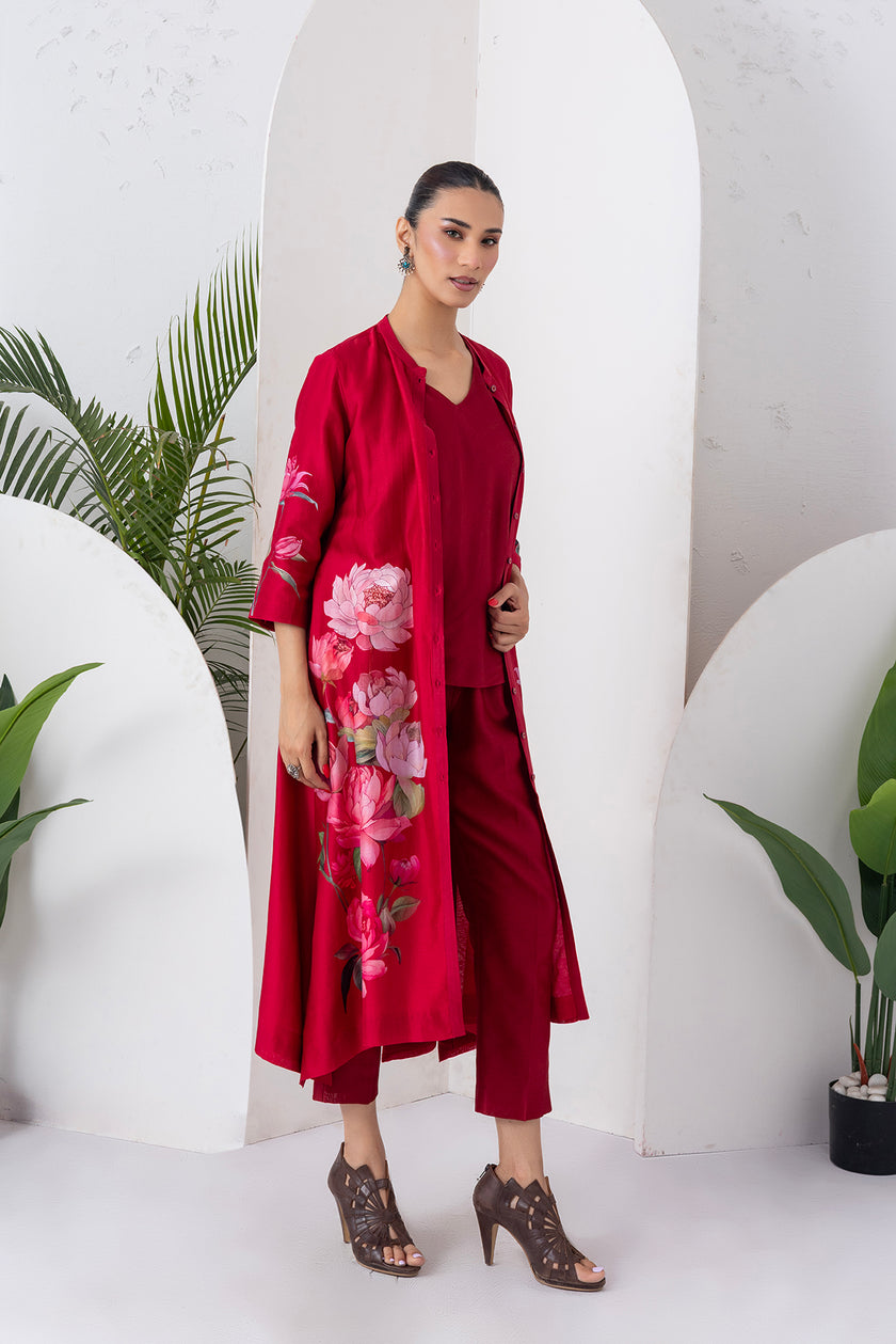 Maroon Silk Chanderi Printed Front Open Dress (1 PC)
