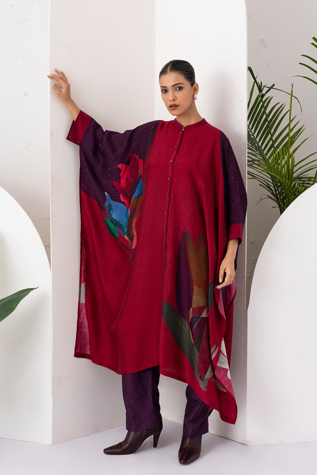 Red Viscose Dupion Printed Kaftaan Style Dress (1 PC)