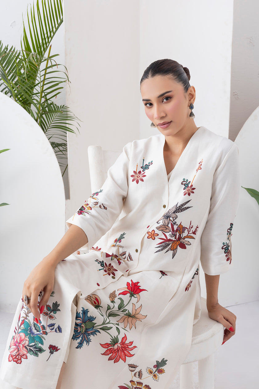 Ivory Silk Chanderi Printed High-Low Dress (1 PC)