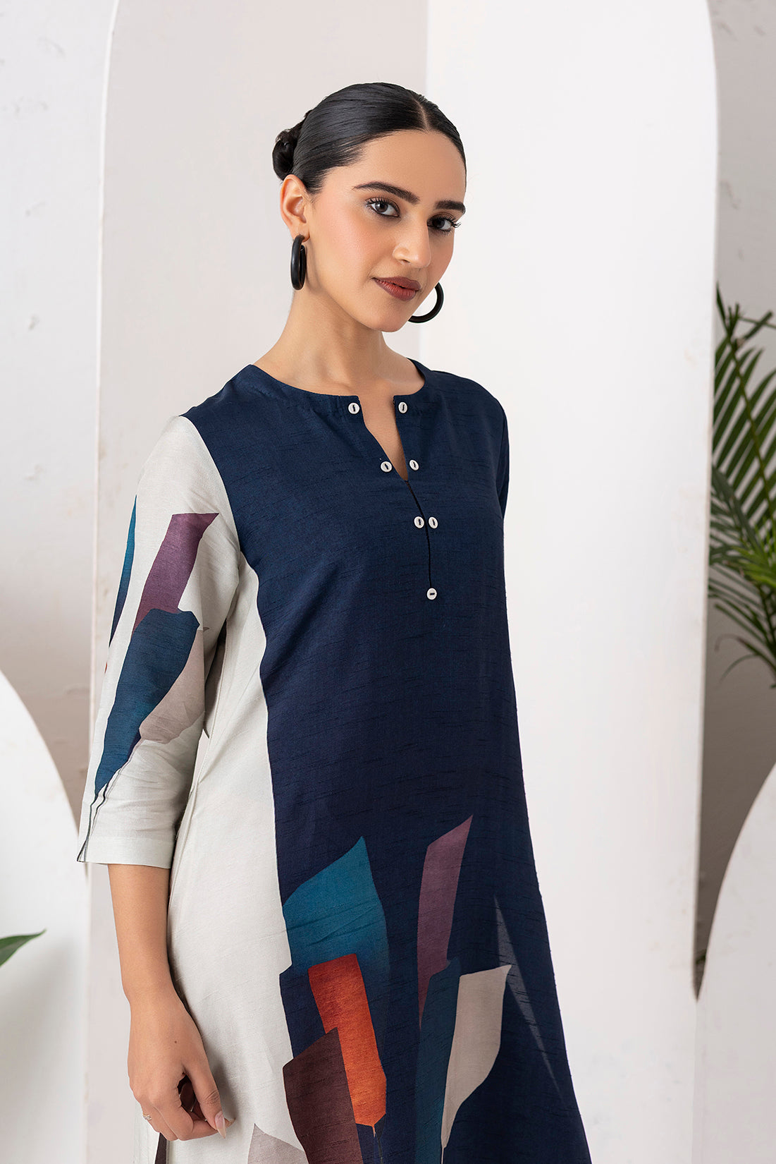 Blue & Ivory Viscose Dupion Printed Tunic (1 PC)