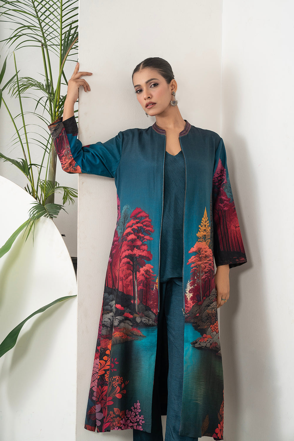Deep Teal Fades Into Twilight Blue Silk Chanderi Forest Scene Printed Dress (1 PC)