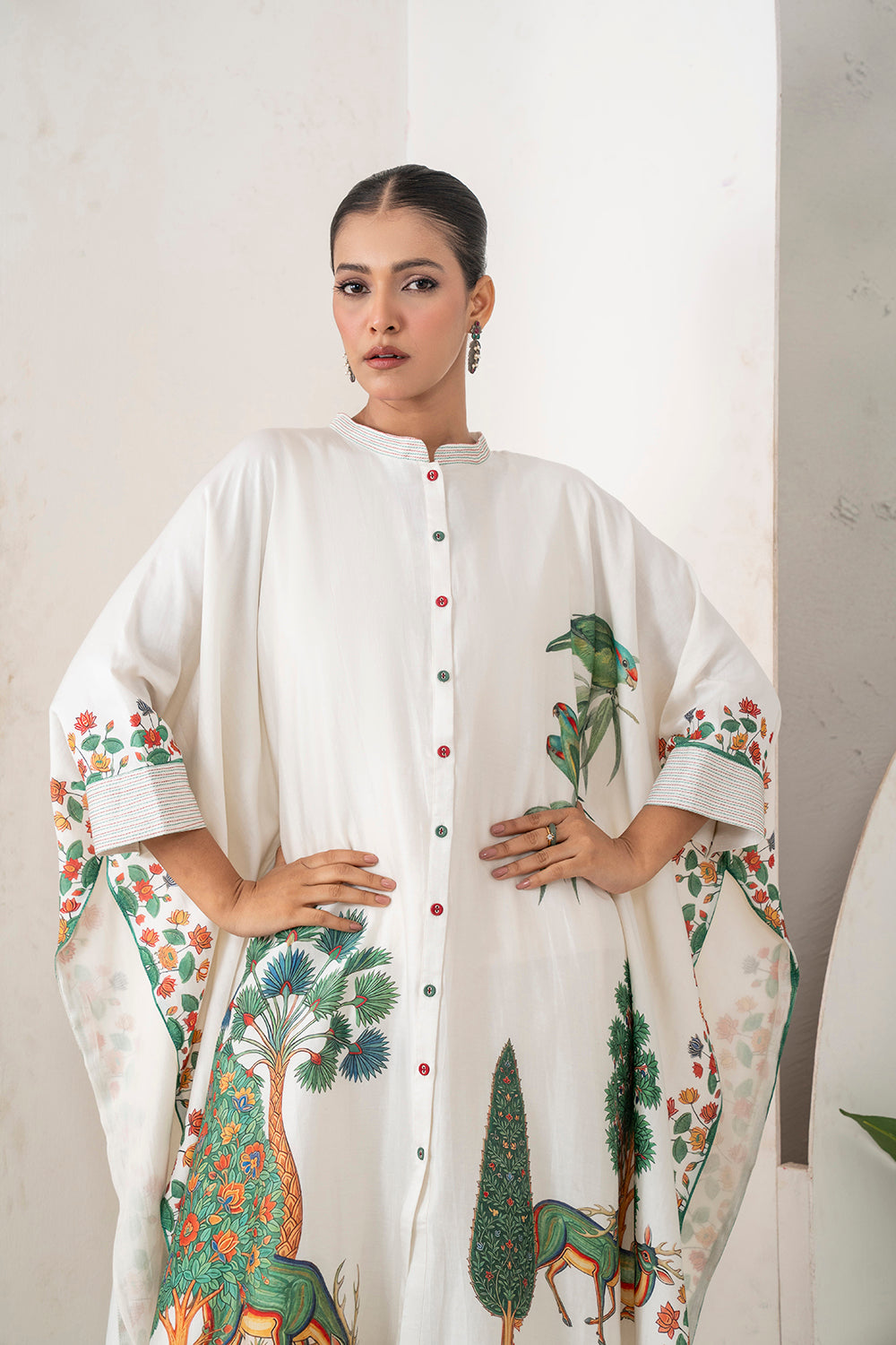 Ivory Silk Chanderi Folk Tale Printed Kaftan (1 PC)