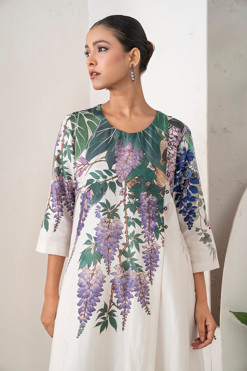 Ivory Silk Chanderi Side Panel Wisteria Printed Dress (1 PC)