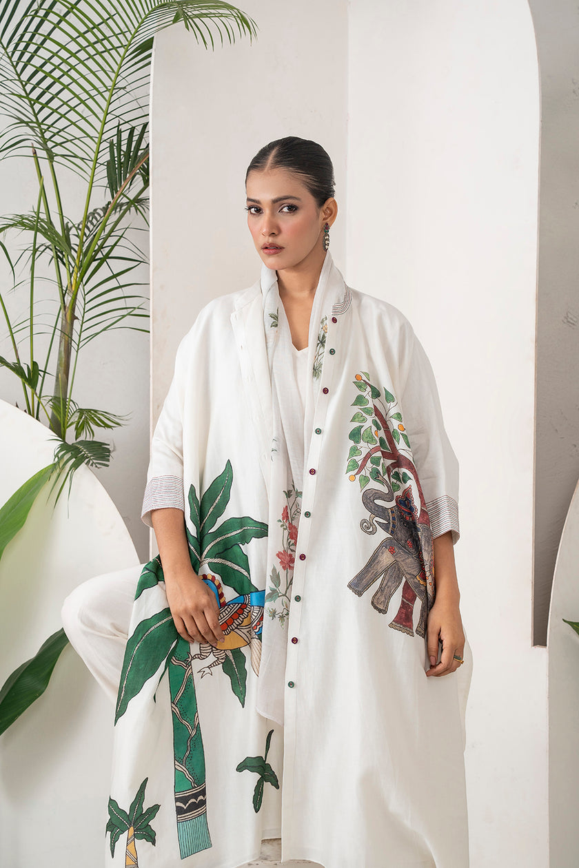 Ivory Silk Chanderi Elephant And Tropical Foliage Printed Kaftan (1 PC)