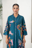 Indigo Silk Chanderi Playful Aquatic Motif Printed Dress (1 PC)