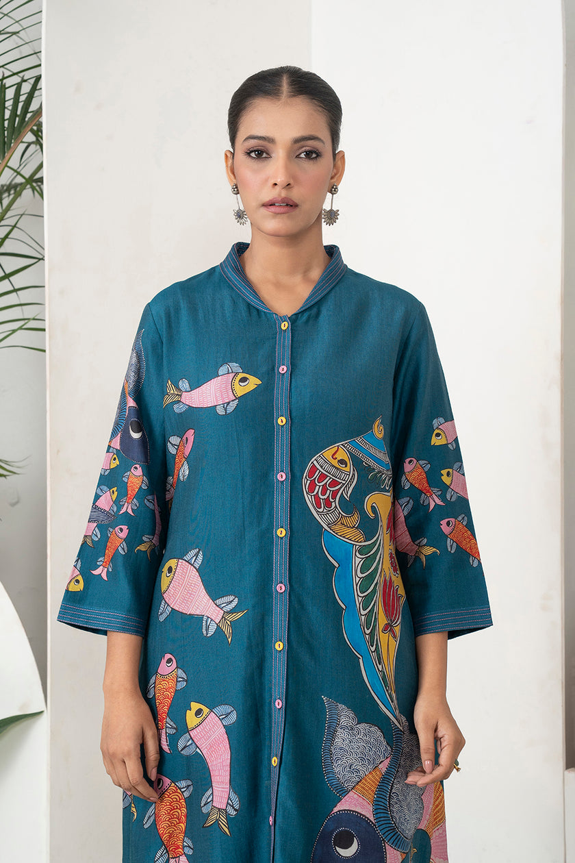 Indigo Silk Chanderi Playful Aquatic Motif Printed Dress (1 PC)