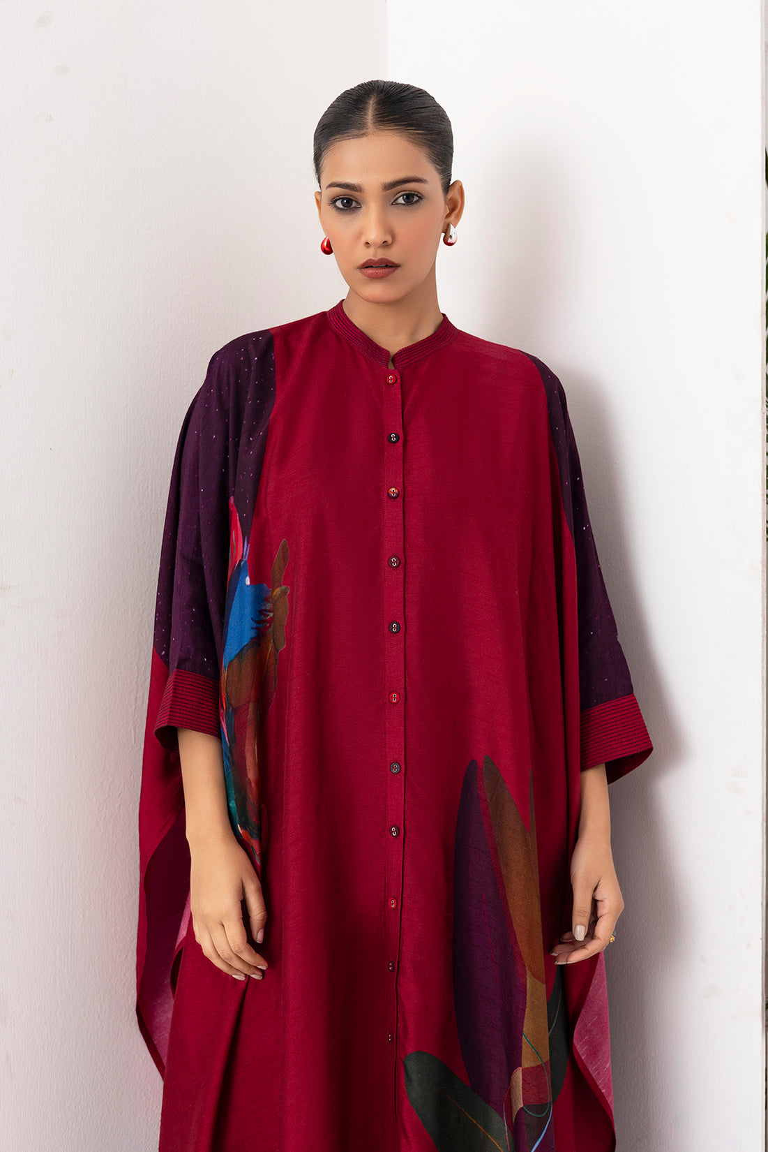 Red Viscose Dupion Printed Kaftaan Style Dress (1 PC)