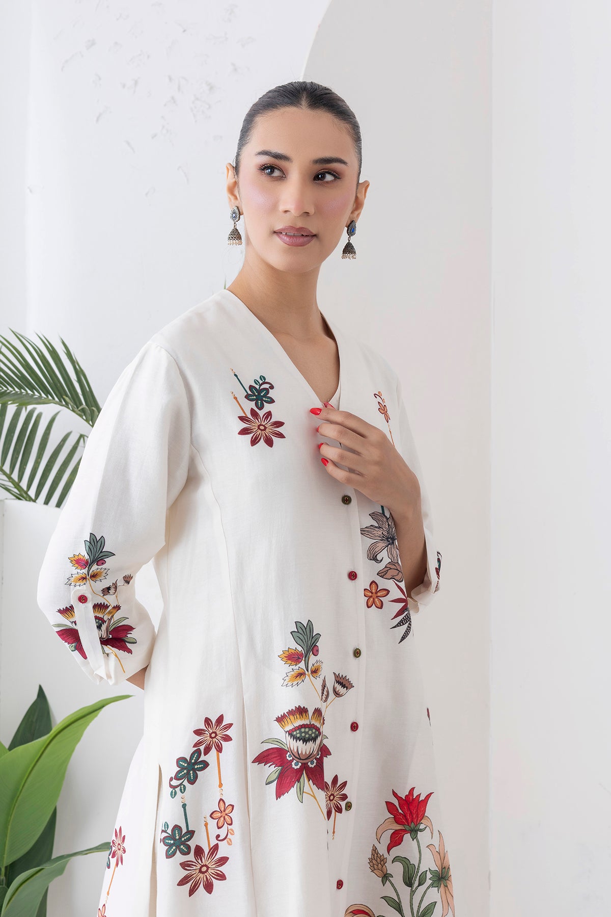 Ivory Silk Chanderi Printed High-Low Dress (1 PC)
