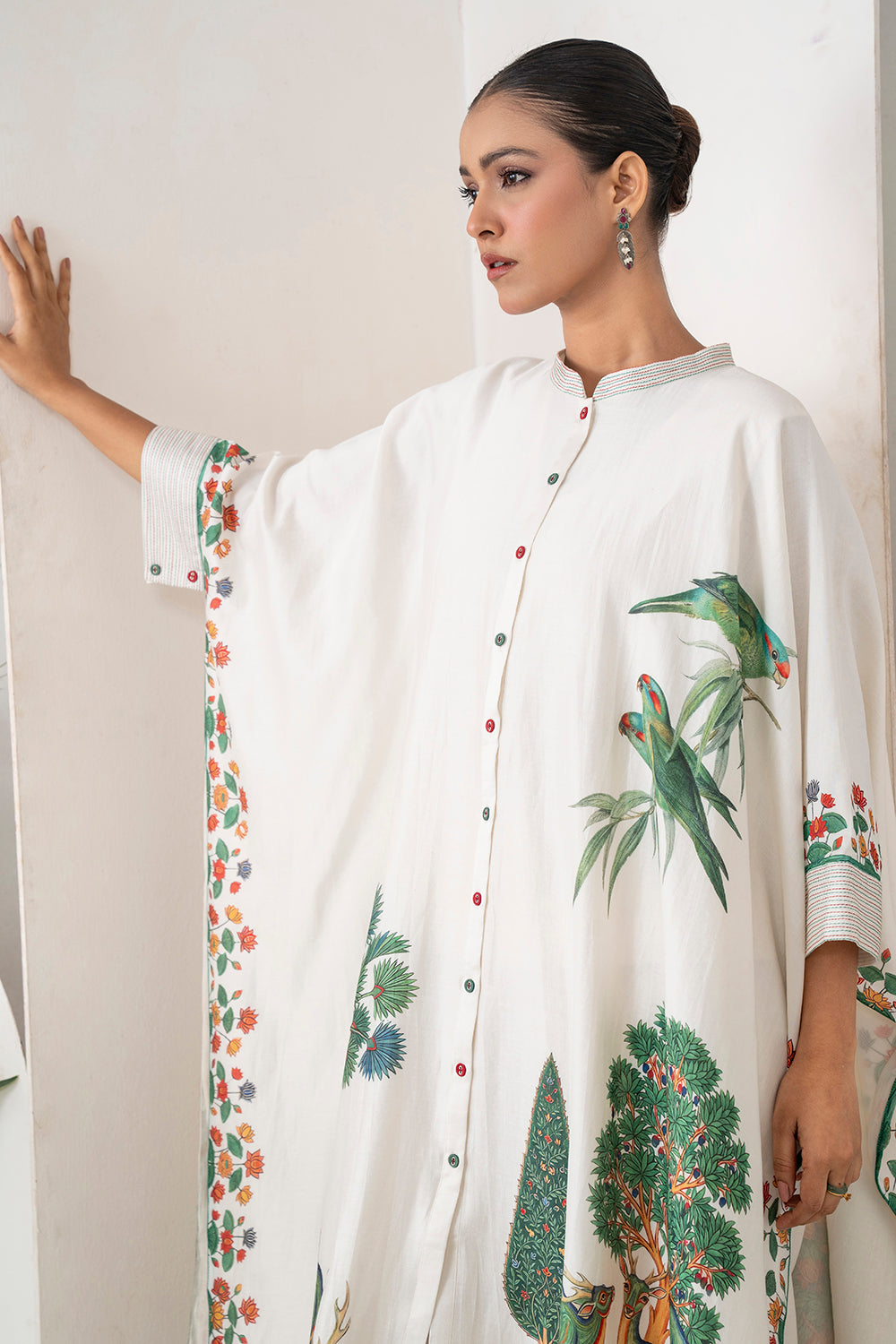 Ivory Silk Chanderi Folk Tale Printed Kaftan (1 PC)