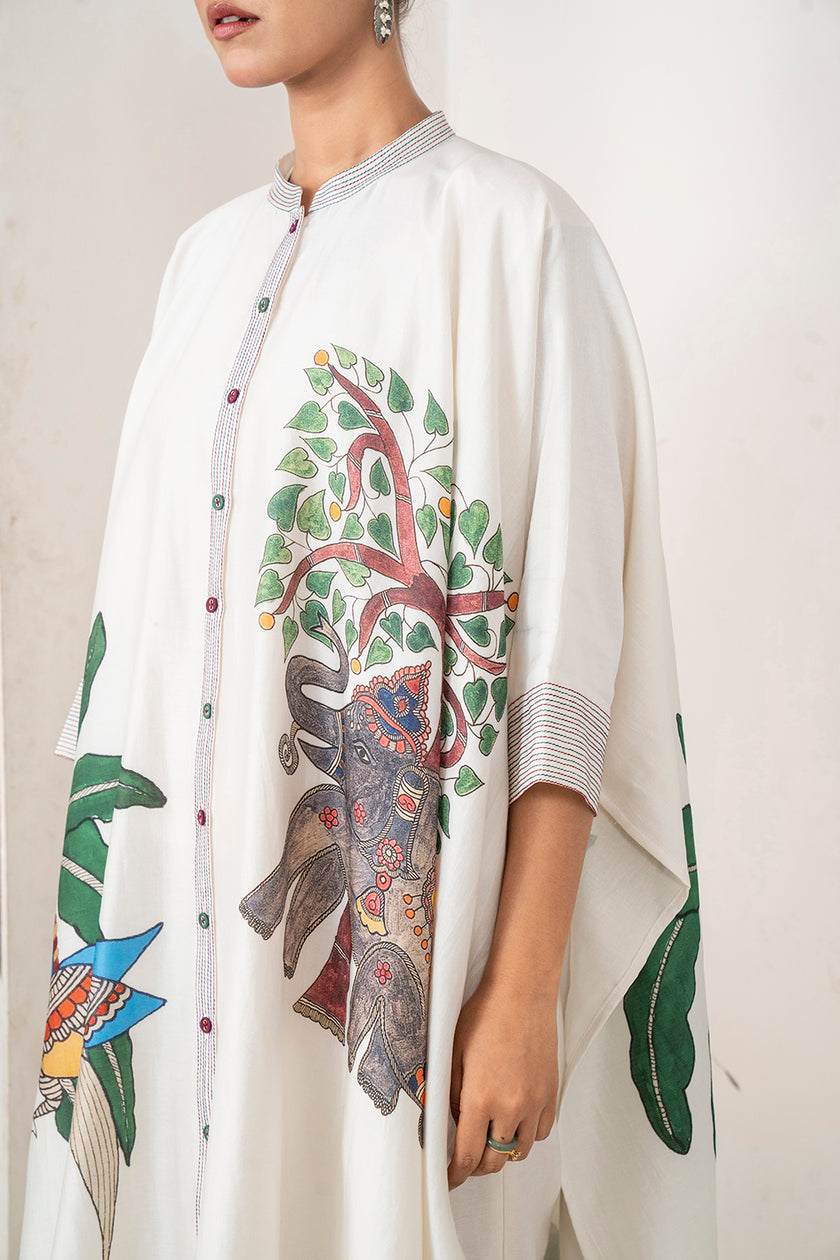 Ivory Silk Chanderi Elephant And Tropical Foliage Printed Kaftan (1 PC)