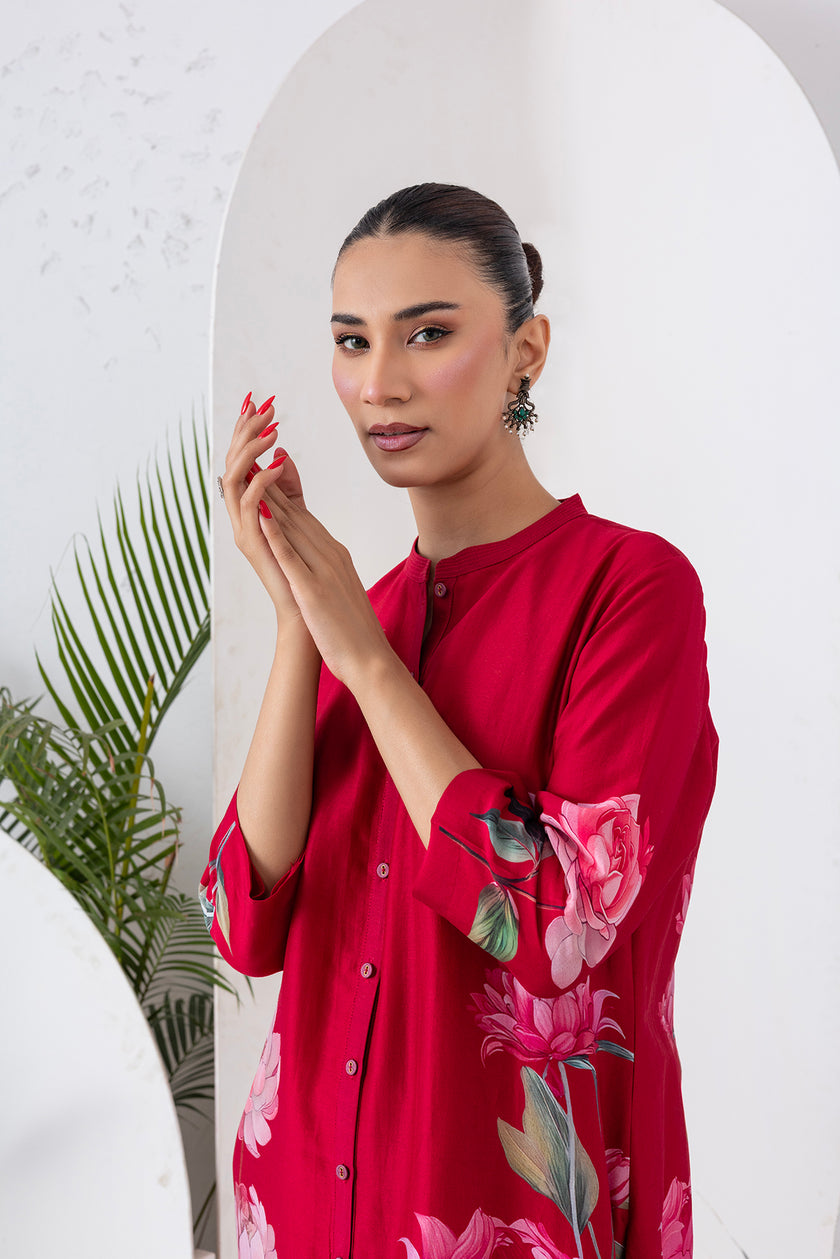 Maroon Silk Chanderi Printed Front Open Dress (1 PC)
